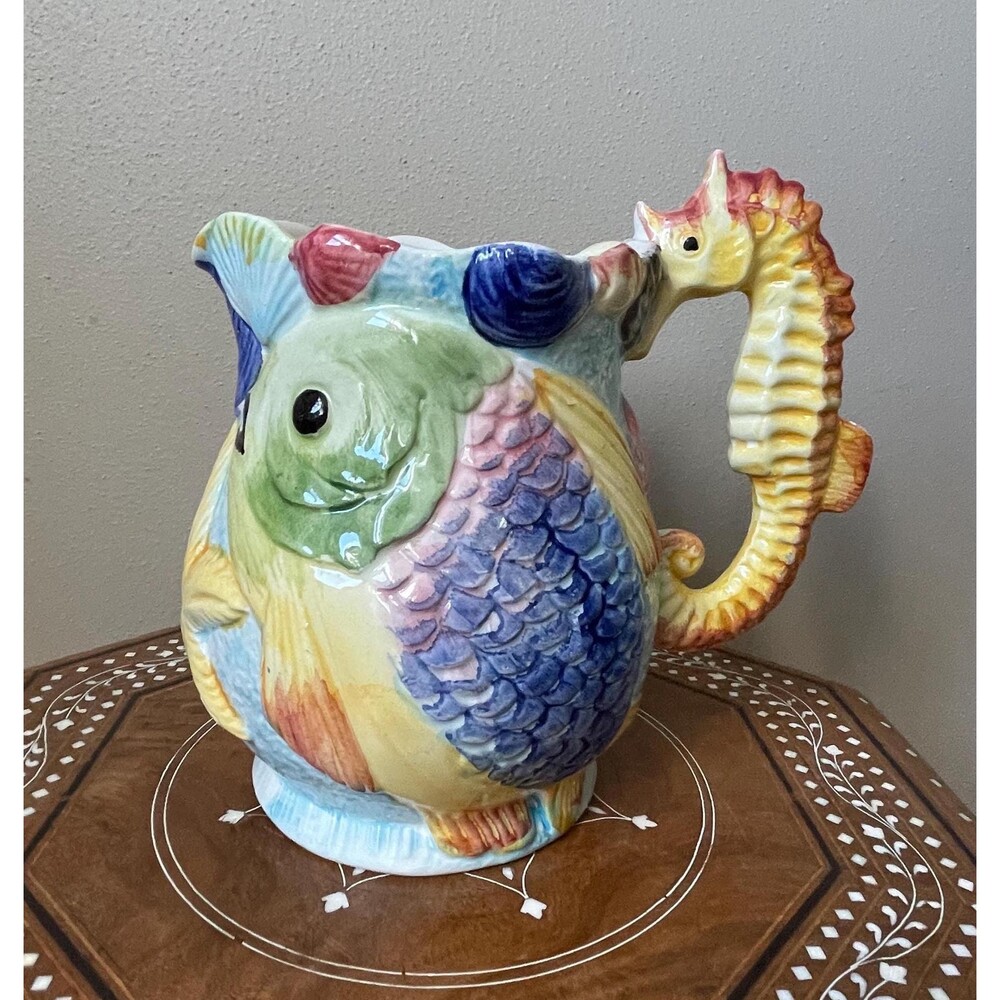Vintage Pitcher Ceramics Of Bassano Seahorse Handle Fish